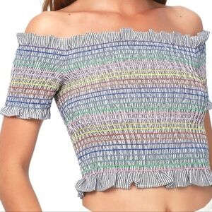 STORIA Rainbow Stripe Smocked Cropped Off Shoulder Top